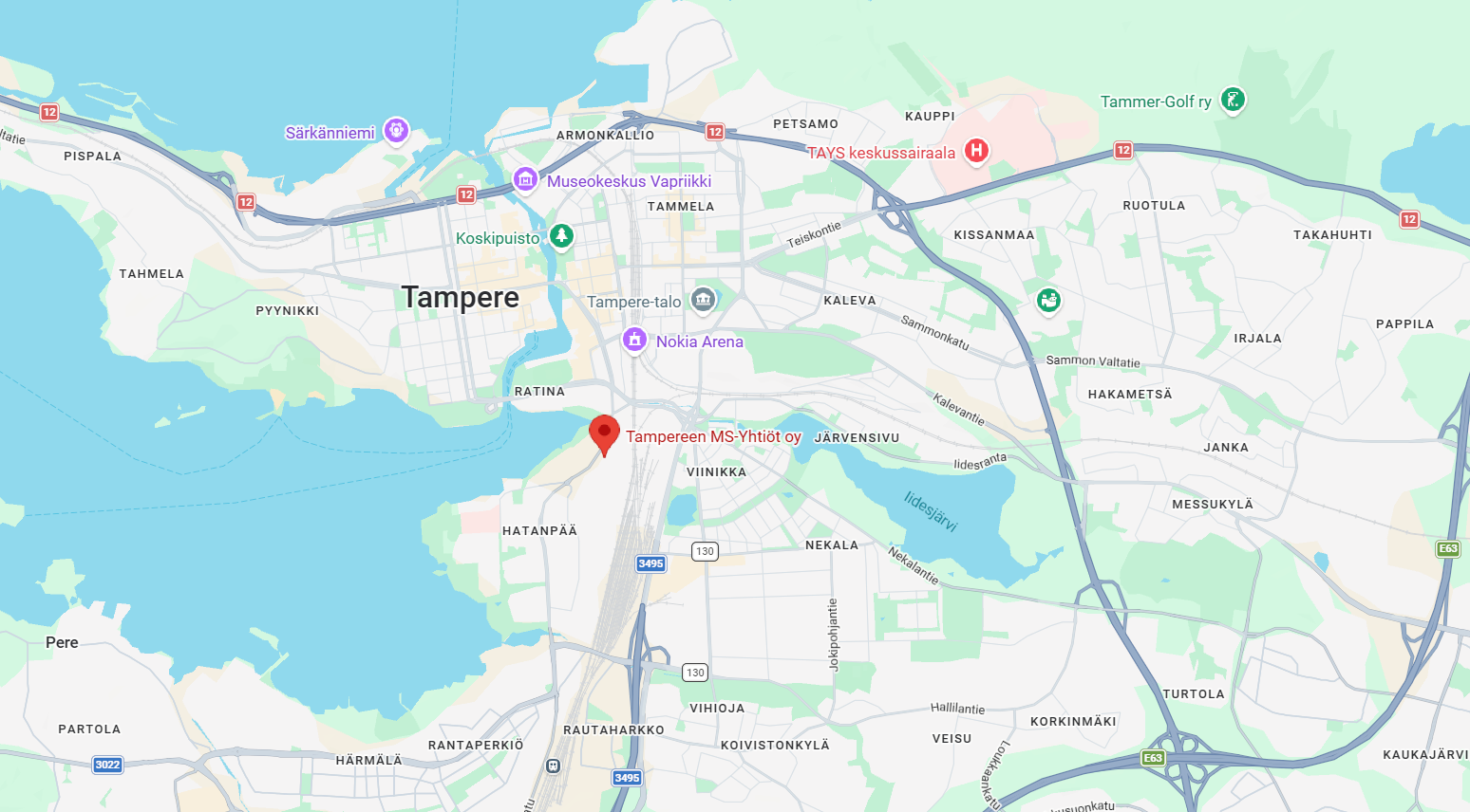 Karttanäkymä Tampereen MS-Yhtiöt Oy:n sijainnista